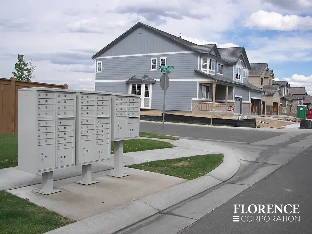 three vital&trade; cluster box units in postal grey installed on curb of residential single family neighborhood on cloudy day in front of sidewalk with a wooden fence