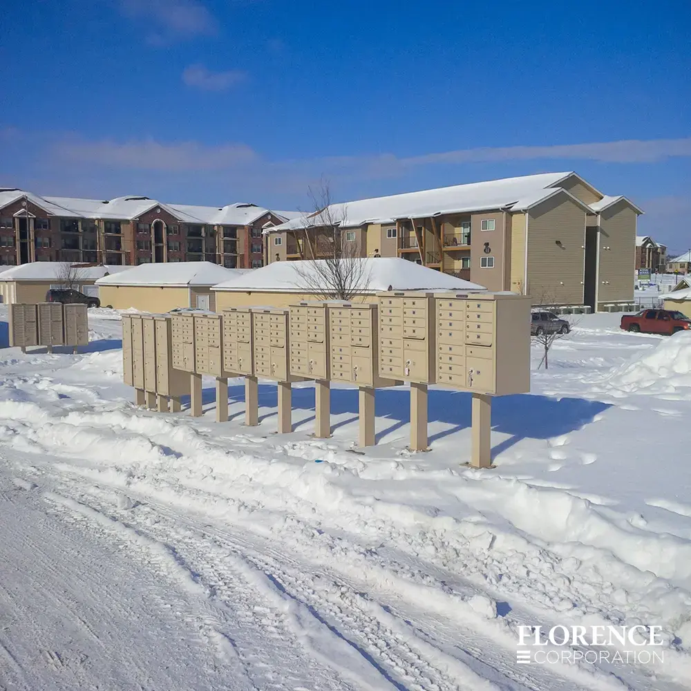 vital&trade; cluster box units and valiant&trade; outdoor parcel lockers in sandstone installed outdoor on snowy winter day in multifamily apartment community
