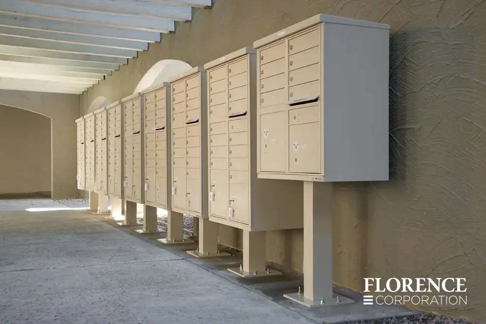 vital&trade; cluster box units in sandstone installed alongside an outdoor stucco wall in covered breezeway of a commercial building space