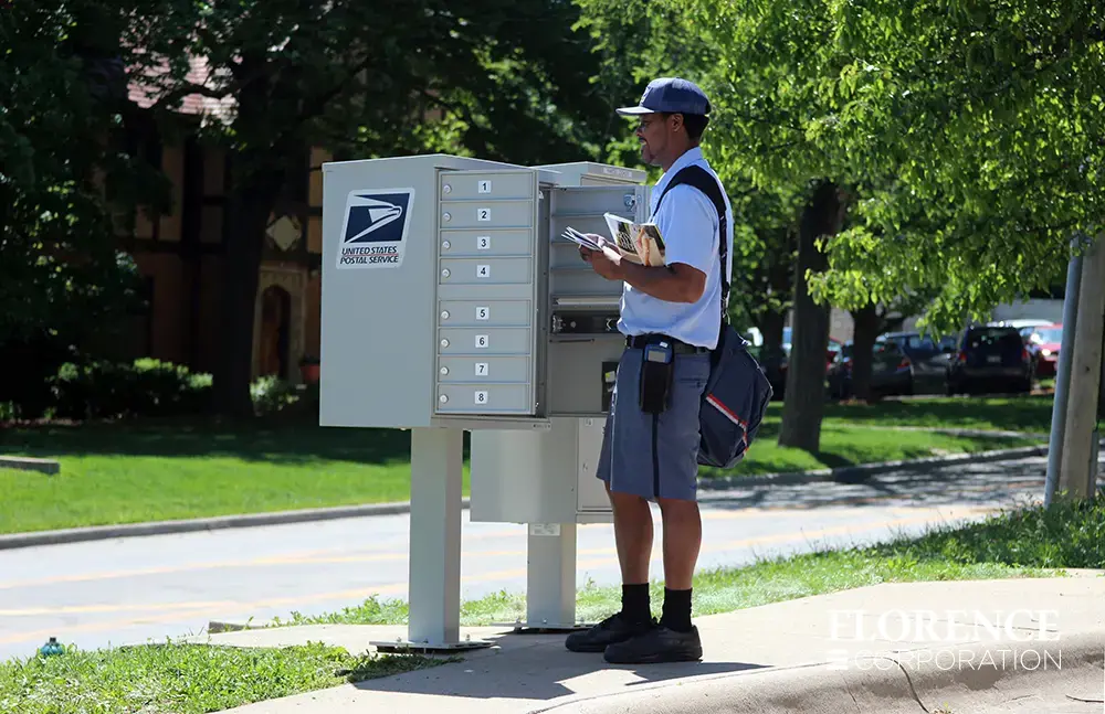 two open florence vital&trade; cluster box units in silver speck installed along a curb in residential neighborhood with usps postal carrier delivering mail