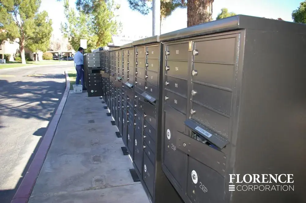 vital&trade; cluster box units in dark bronze installed in long row along curb with outgoing mail collection doors open and postal carrier collecting and delivering mail
