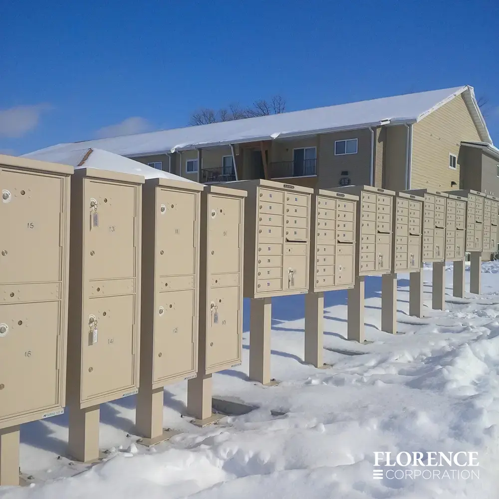 valiant&trade; outdoor parcel lockers alongside vital&trade; cluster box units all in sandstone installed outdoor in a row in winter with snow on the ground and multifamily apartments in the background