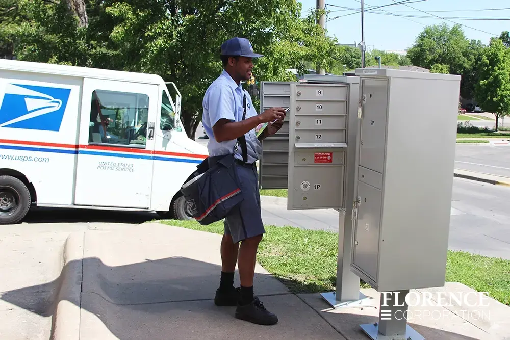 valiant&trade; outdoor parcel locker and vital&trade; cluster box unit in postal grey with usps postal carrier delivering mail to open cbu with usps mail truck in background