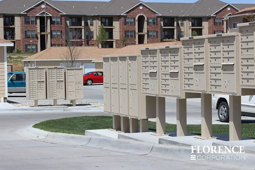 multiple locations of valiant&trade; outdoor parcel locker and vital&trade; cluster box units in sandstone installed on tiered concrete slabs in parking lot area of multifamily apartment community