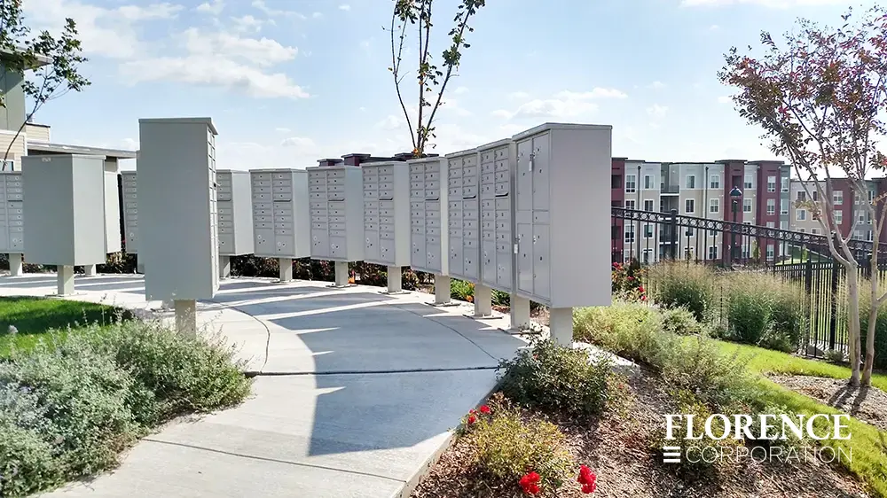 valiant&trade; outdoor parcel locker and vital&trade; cluster box units in postal grey installed on curved concrete side walk with landscaping, red flowers, and apartment building in the background
