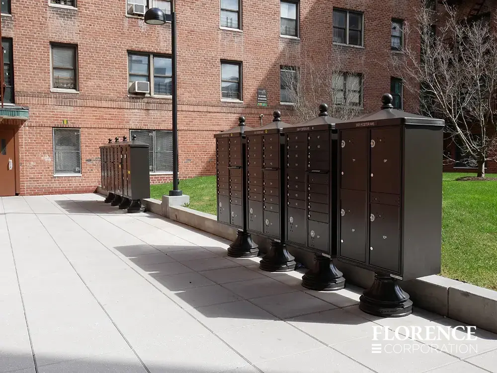multiple locations with valiant&trade; outdoor parcel locker and vital&trade; cluster box units all with vogue&trade; accessories in dark bronze installed on concrete sidewalk near brick building