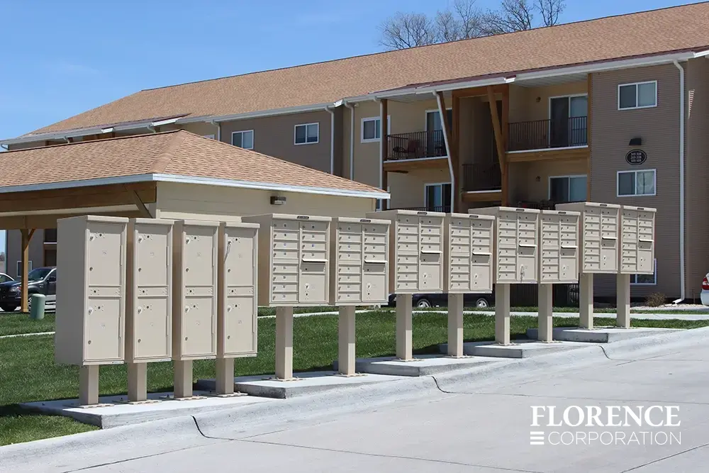 valiant&trade; outdoor parcel locker and vital&trade; cluster box units all in sandstone installed on tiered concrete slabs near parking lot of apartment multifamily community