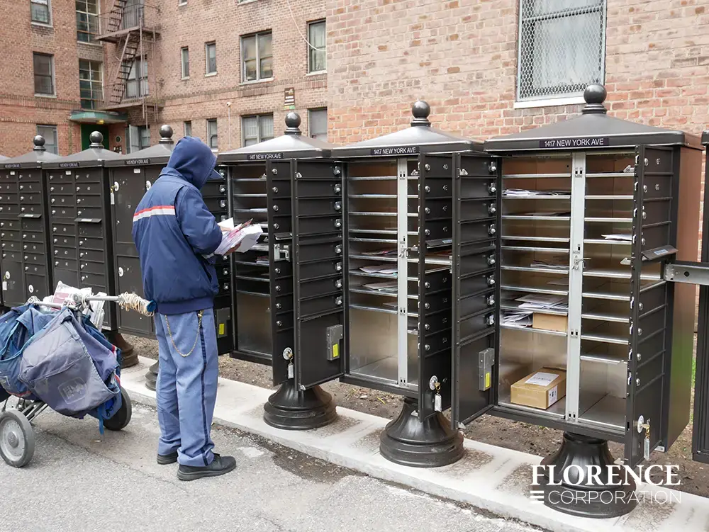 vogue&trade; accessories on vital&trade; cluster box units all in dark bronze with master access doors all open while postal carrier delivers usps mail and parcels