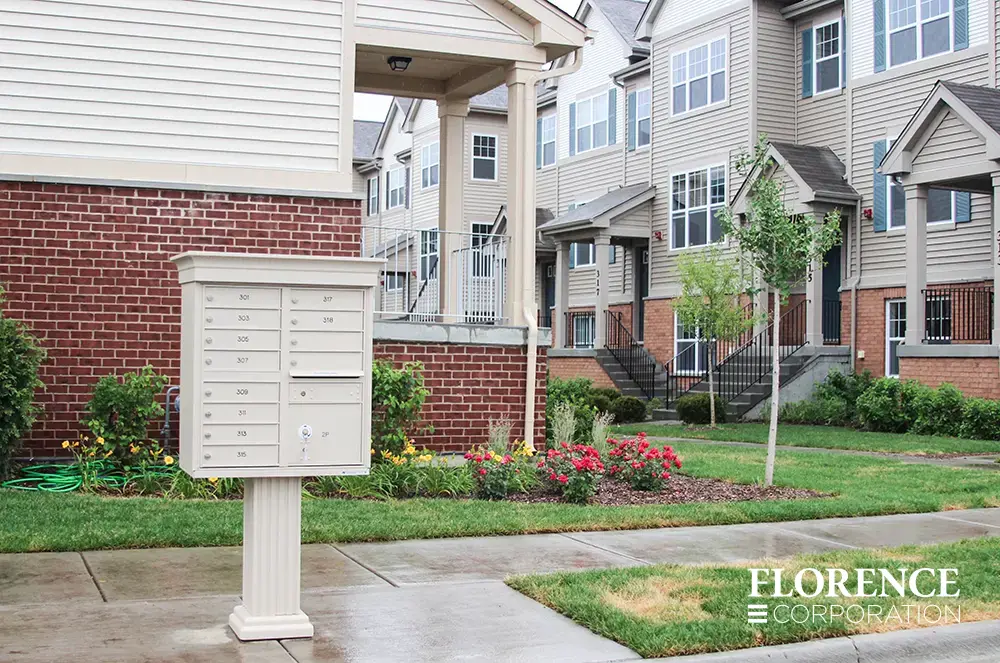 vogue&trade; accessories on vital&trade; cluster box units in sandstone installed in multifamily community on rainy day