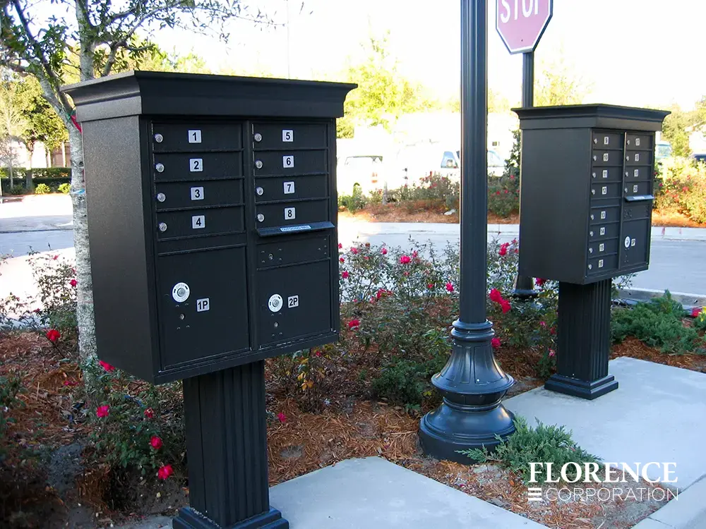vogue&trade; accessories on vital&trade; cluster box units in black installed on concrete slab near lamp post and landscaping with red flowers