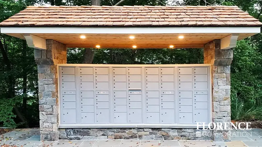 recessed mounted versatile&trade; 4C mailboxes in silver speck installed in outdoor stone with covered awning to protect from weather