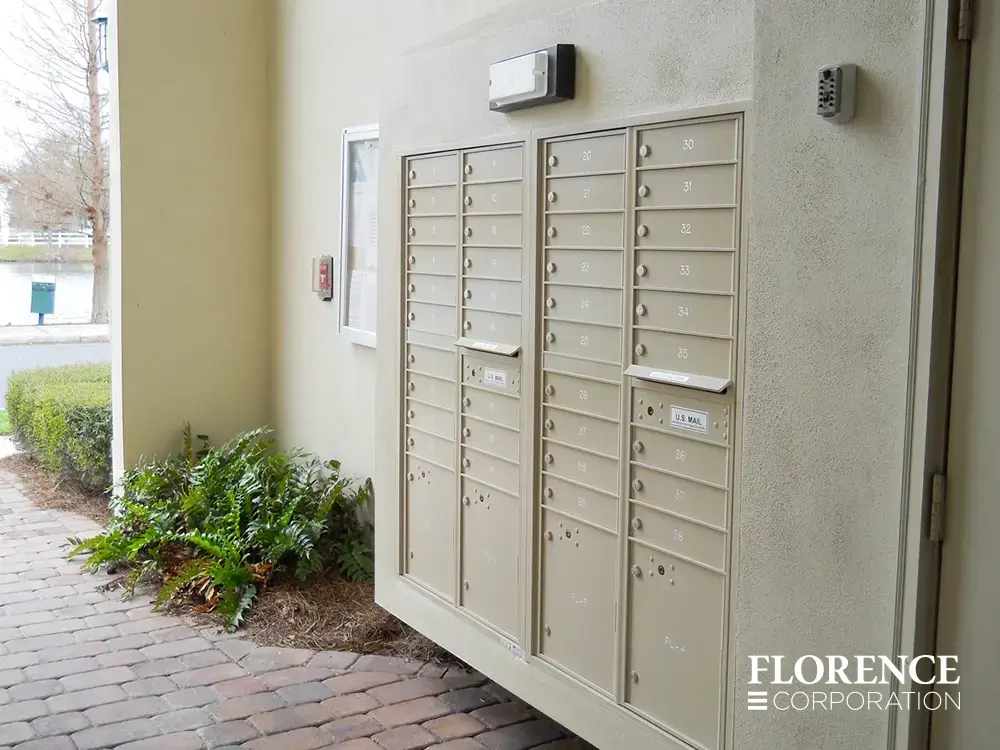 recessed mounted versatile&trade; 4C mailboxes in sandstone installed outdoor breezeway of multifamily community across the street from a canal