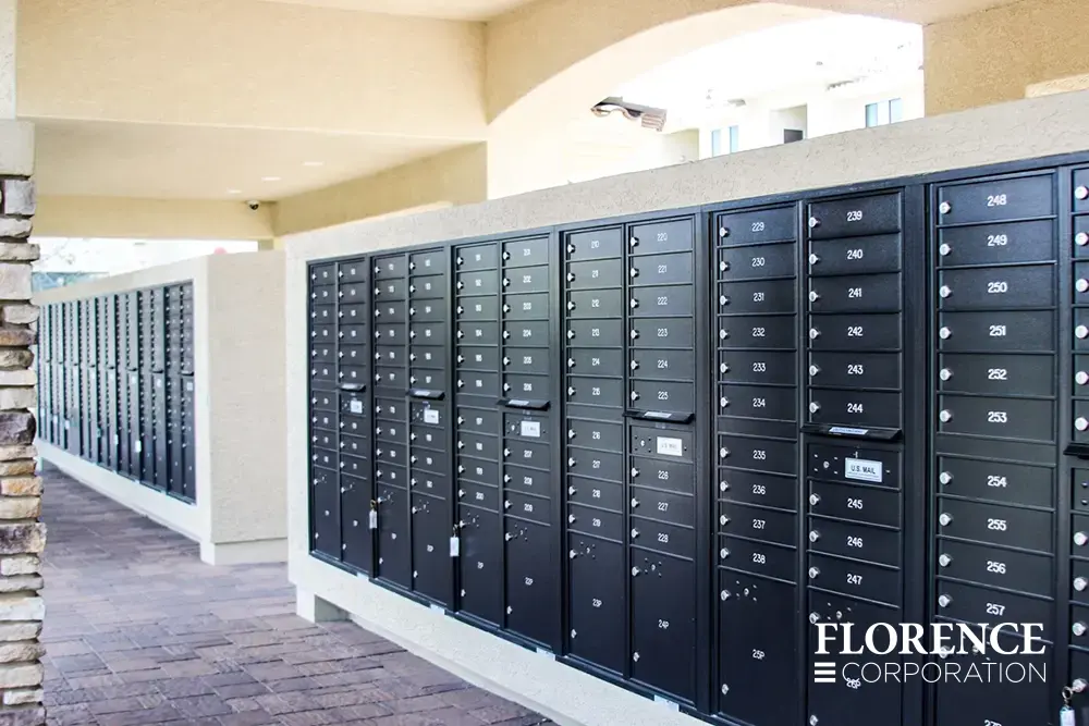 multiple rows of recessed mounted versatile&trade; 4C mailboxes in black mounted in cream stucco under covered open air mail center