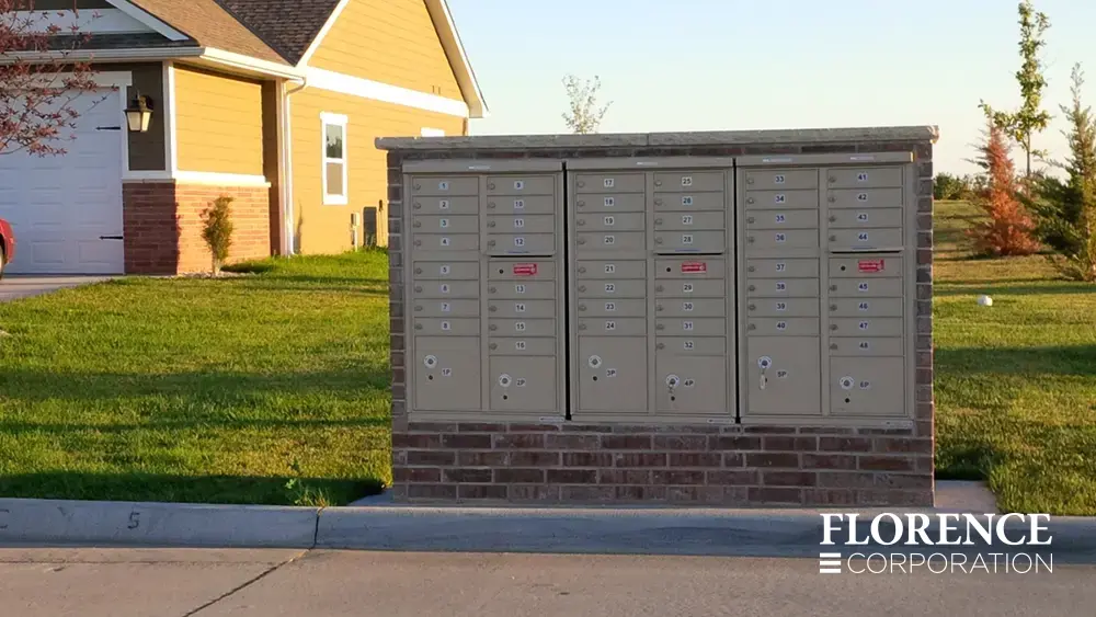 recessed mounted versatile&trade; 4C mailboxes in sandstone installed in brick fixture in single family home community