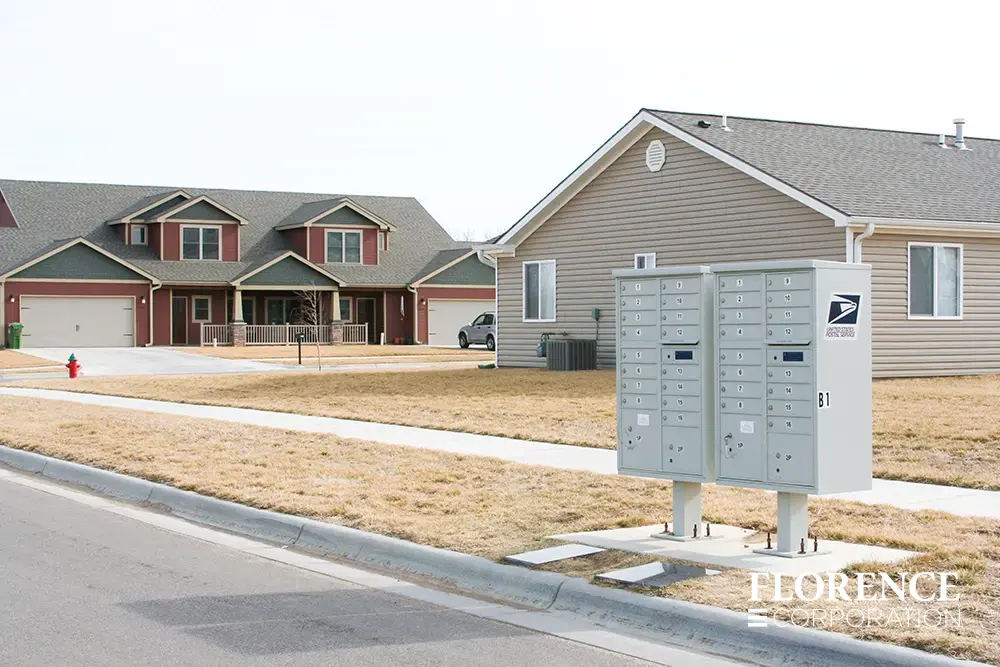 two florence vital&trade; cluster box units in postal grey installed side by side near entrance of new construction town home community on dry grass