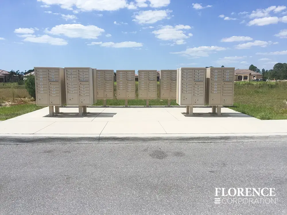 large installation of back-to-back florence vital&trade; cluster box units in sandstone located near entrance of new build development with sunny sky and scattered clouds