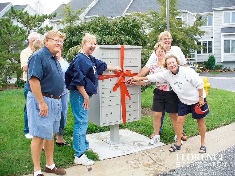 members of the homeowners association prepare to cut the red ribbon around their new florence vital&trade; cluster box unit in postal grey located near street
