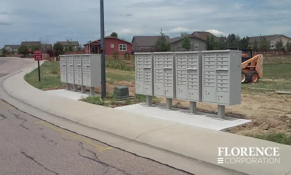 florence vital&trade; cluster box unit in postal grey installed in a row outdoor along curb near street lamp and construction vehicles