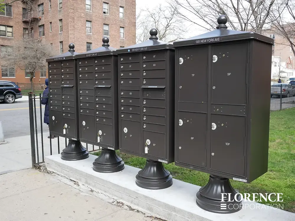 valiant-1590-OPL-series_001 valiant™ outdoor parcel locker and vital™ cluster box units with vogue™ decorative accessories all in dark bronze installed on concrete slab near brick apartment building