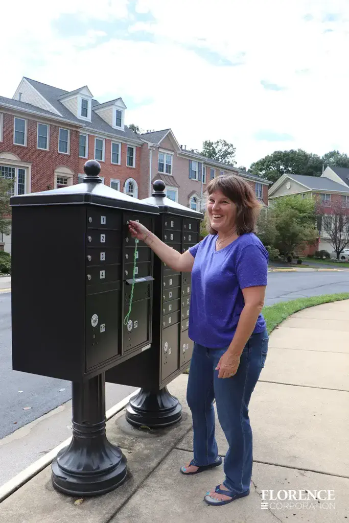 vogue-CBU-Accessories_007 vogue™ accessories on vital™ cluster box units in dark bronze installed along sidewalk in town home community with smiling woman opening her mailbox to retrieve her mail