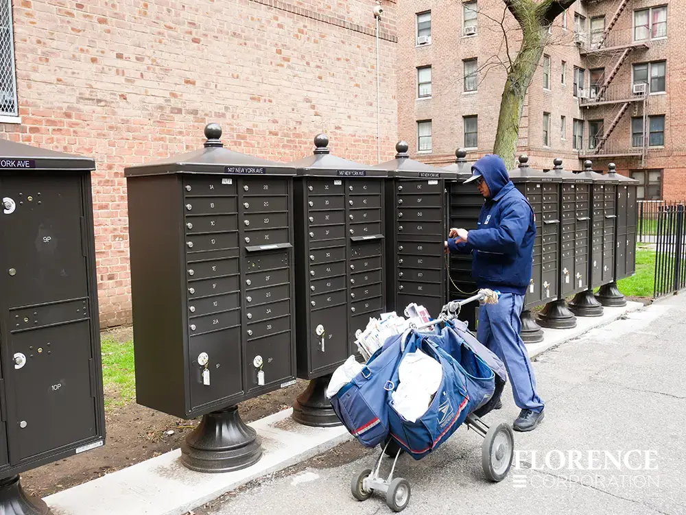 vogue-CBU-Accessories_031 vogue™ accessories on vital™ cluster box units in dark bronze installed on concrete slab along walkway of red bring brooklyn apartment buildings with usps letter carrier opening the master door of one cbu