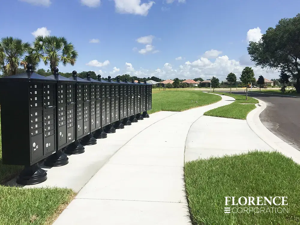 vogue-CBU-Accessories_032 vogue™ accessories on vital™ cluster box units in dark bronze installed in long row along sidewalk on bright summer day with green grass in new single family development