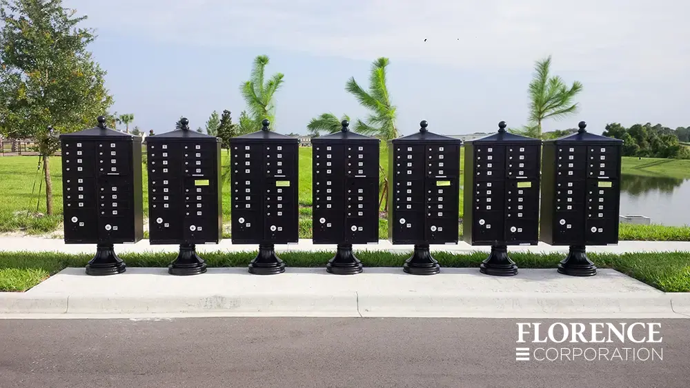 vogue-CBU-Accessories_034 vogue™ accessories on vital™ cluster box units in black installed outdoor along sidewalk in front of lake and green trees in the background
