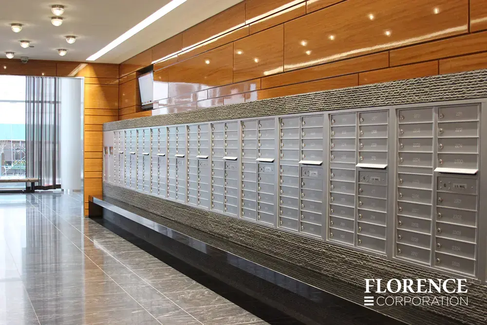 versatile-4C-indoor-install_009 Recessed mount versatile™ 4C mailboxes in silver speck installed inside modern apartment lobby area