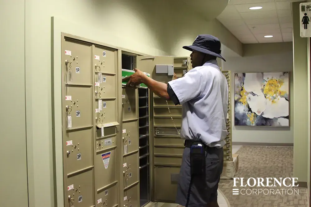 versatile-4C-indoor-install_028 Recessed mount versatile™ 4C parcel lockers in sandstone installed indoor in multifamily apartment community hallway with floral wall art in background and master door open for usps mail carrier delivering package to parcel locker