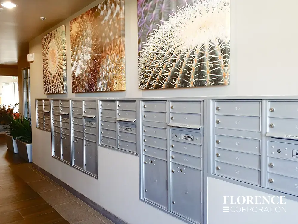 versatile-4C-indoor-install_037 Recessed mount versatile™ 4C mailboxes in silver speck installed indoor along wall under cactus themed wall art