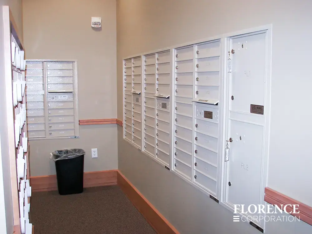versatile-4C-indoor-install_046 Recessed mount versatile™ 4C mailboxes and parcel lockers in white installed in commercial building