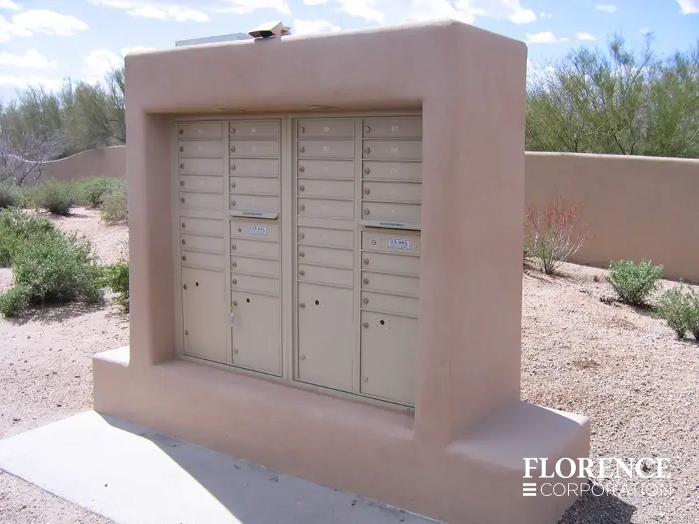 versatile-4C-recessed-indoor-47 recessed mounted versatile™ 4C mailboxes in sandstone installed in clay stucco fixture with rock landscaping