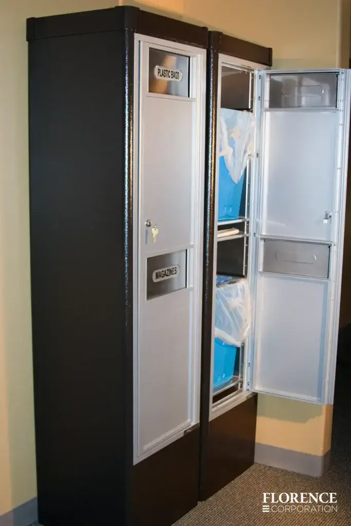 4C-versatile-surface-depot_014 versatile™ 4C waste and recycling bins installed in black freestanding depot cabinets with door open revealing blue trash bins inside