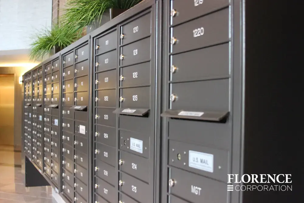 4C-versatile-surface-depot_002 surface mounted versatile™ 4C mailboxes in dark bronze mounted indoor with decorative plants sitting on top of centralized mailboxes