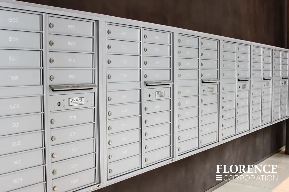 4C-versatile-surface-depot_006 row of surface mounted versatile™ 4C mailboxes in silver speck mounted on dark wall in commercial building lobby space