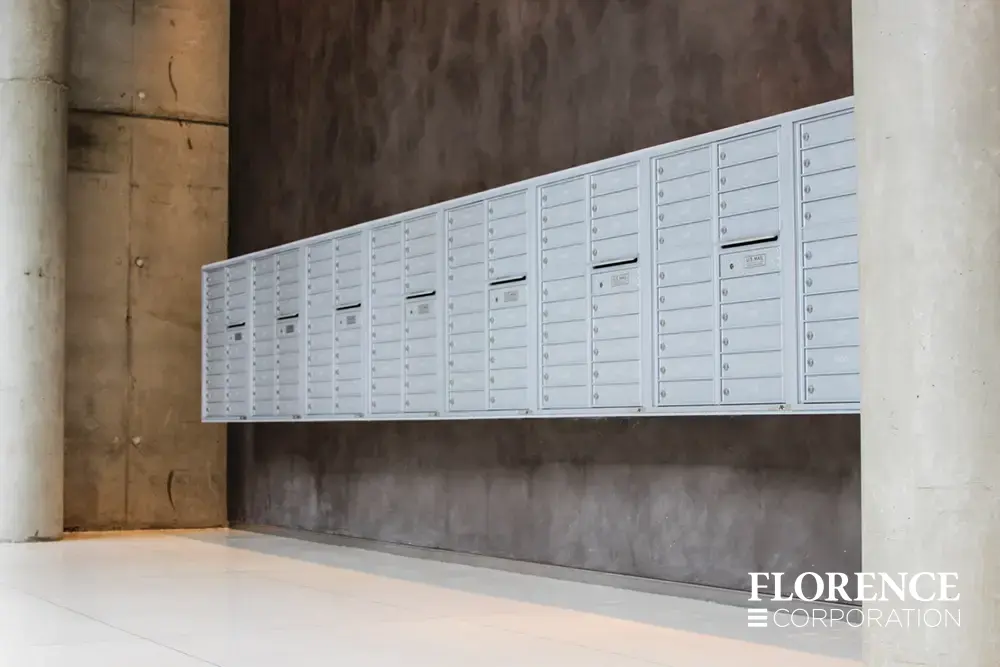4C-versatile-surface-depot_007 row of surface mounted versatile™ 4C mailboxes in silver speck mounted on dark wall in lobby of multifamily residential apartment hi-rise building in downtown Chicago