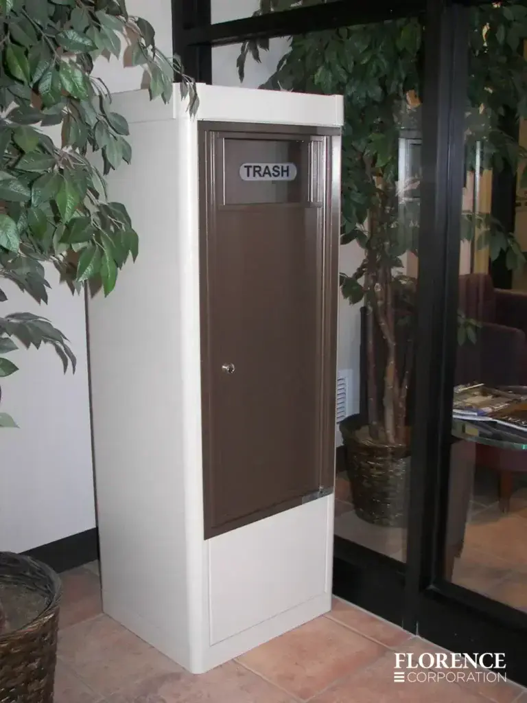 4C-versatile-surface-depot_010 antique bronze versatile™ 4C waste bin installed in sandstone freestanding depot cabinet inside of commercial building lobby area