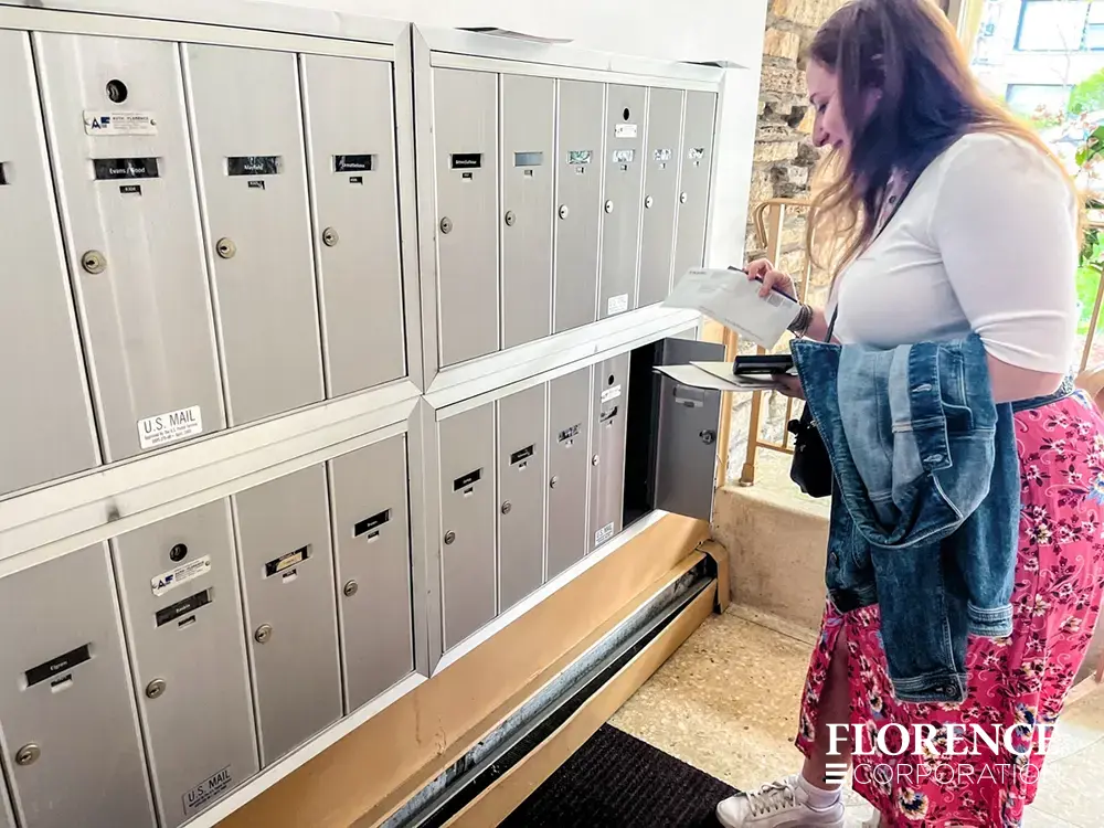 1250 recessed mounted vertical 4B+ mailboxes in anodized aluminum installed in apartment building with a woman resident checking mail with a smile