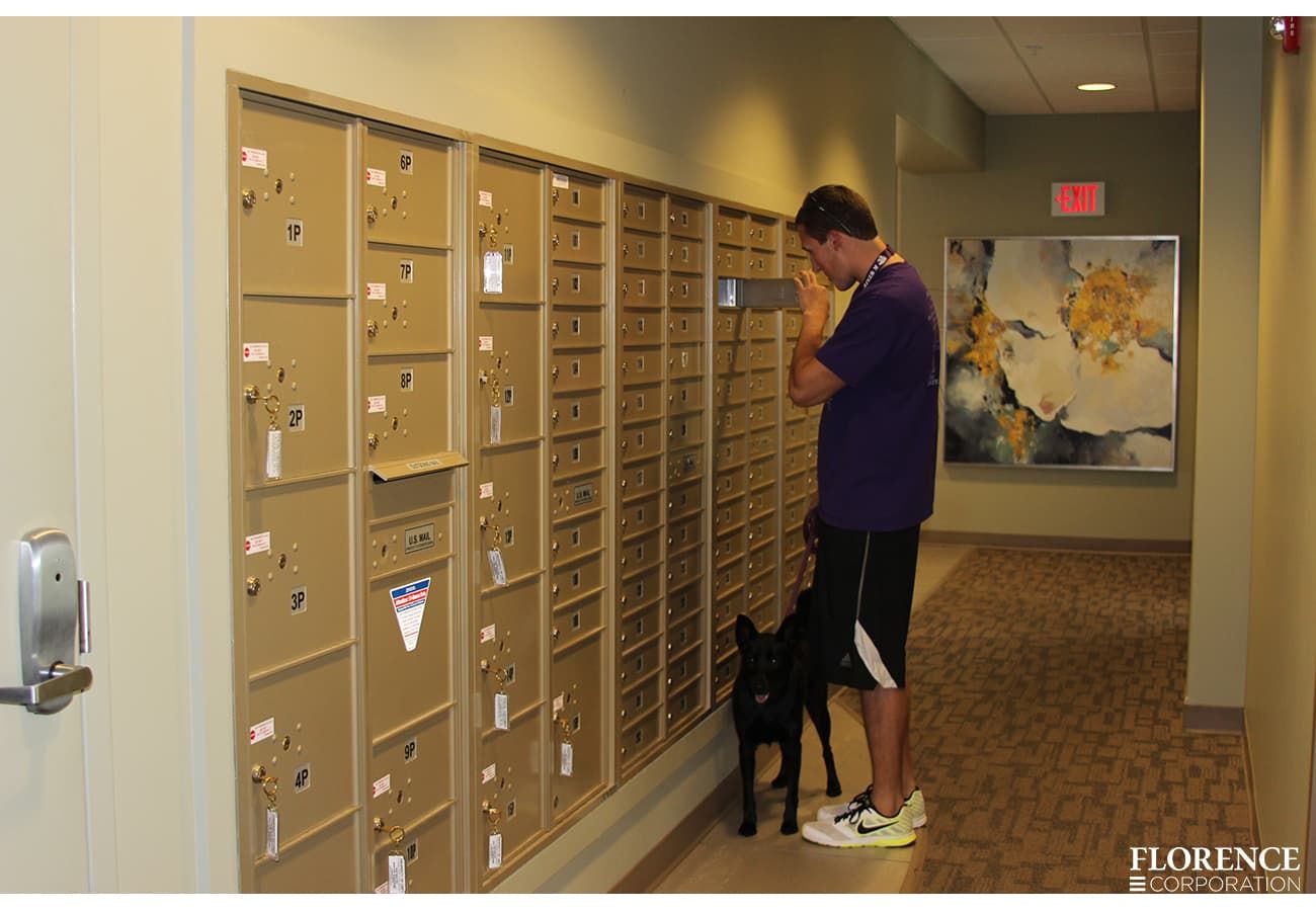 A man wearing a purple shirt checking his mail in a multi-residential building with his black box