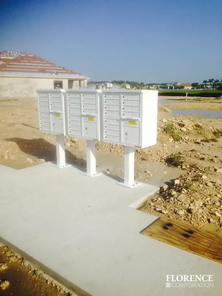 vital™ cluster box units in white installed along sidewalk in new construction site with homes still in development